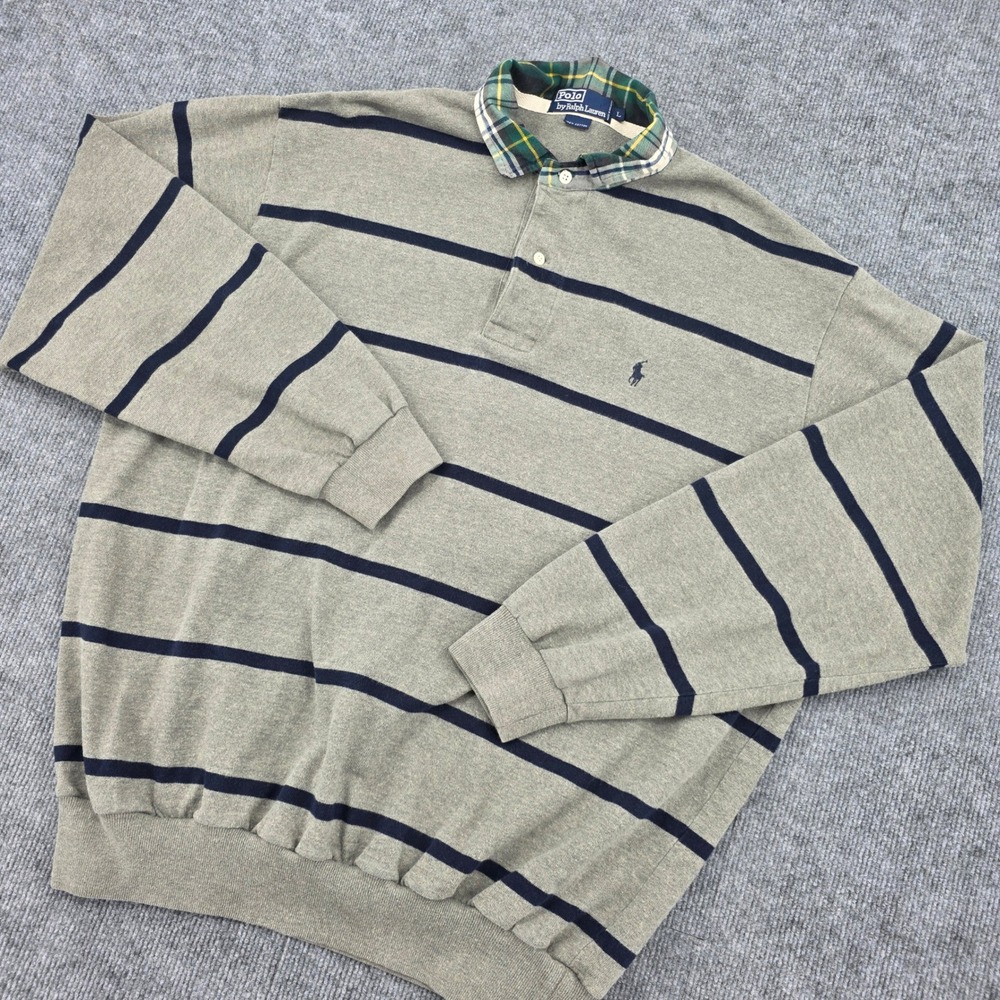 Polo Ralph Lauren Mens Gray Navy Striped Rugby Shirt Plaid Collar Large